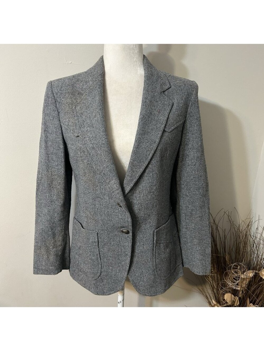Vtg Ms. Pioneer Women Tweed Gray Western Yoke Jacket Elbow Patch Sz 10 Flaw USA